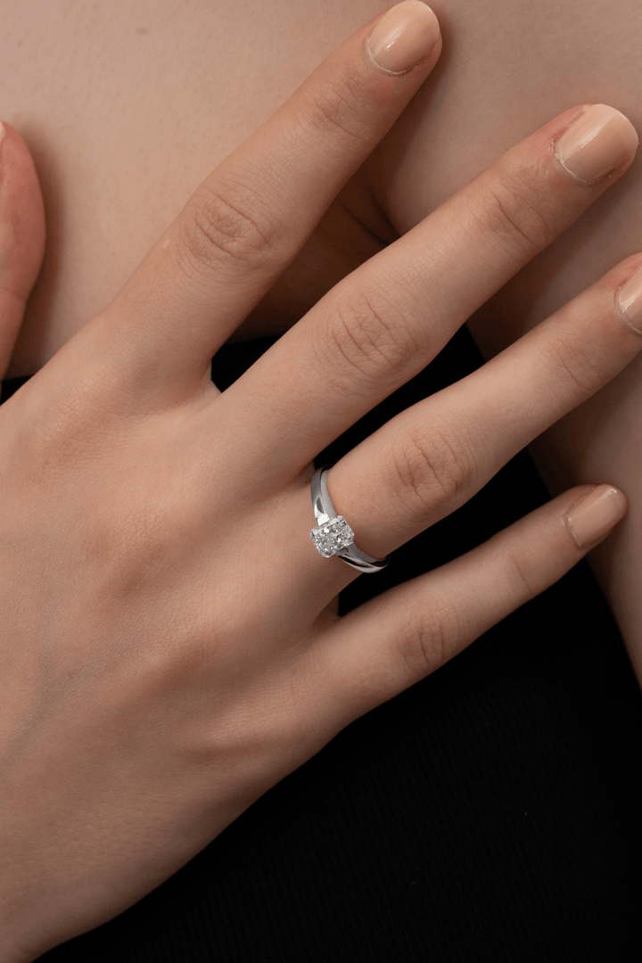 Unboxing view of radiant cut solitaire diamond engagement ring