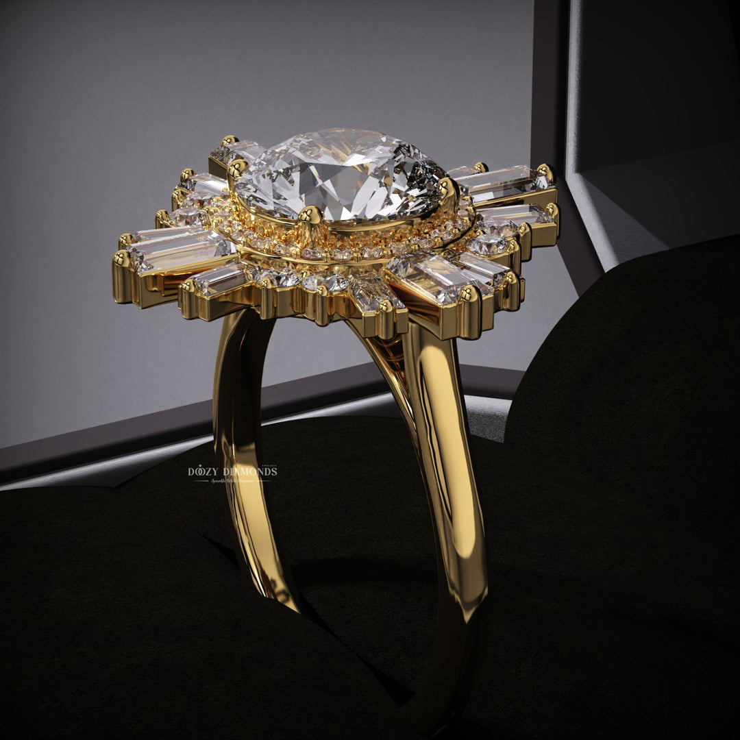 Macro shot of oval cut diamond facets in cluster ring setting