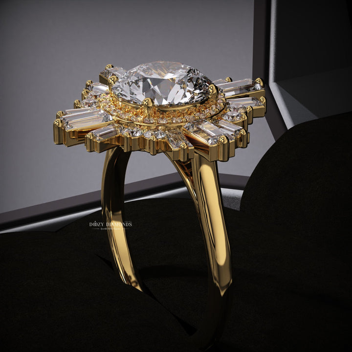 Macro shot of oval cut diamond facets in cluster ring setting