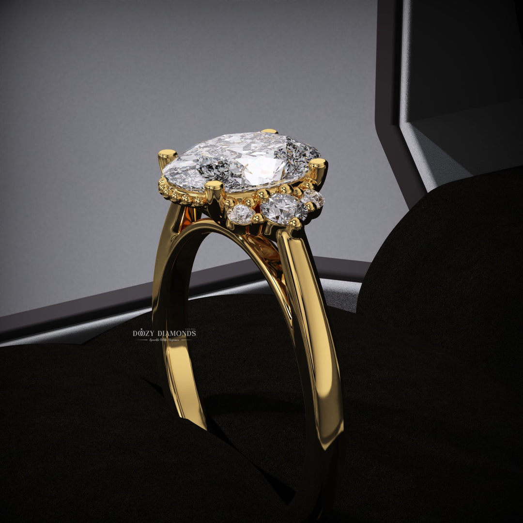 Detailed close-up of oval cluster diamond engagement ring