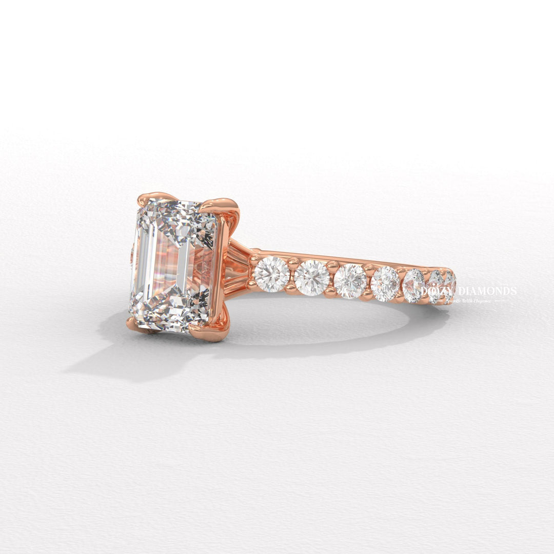Emerald cut pave engagement ring with IGI certified center diamond
