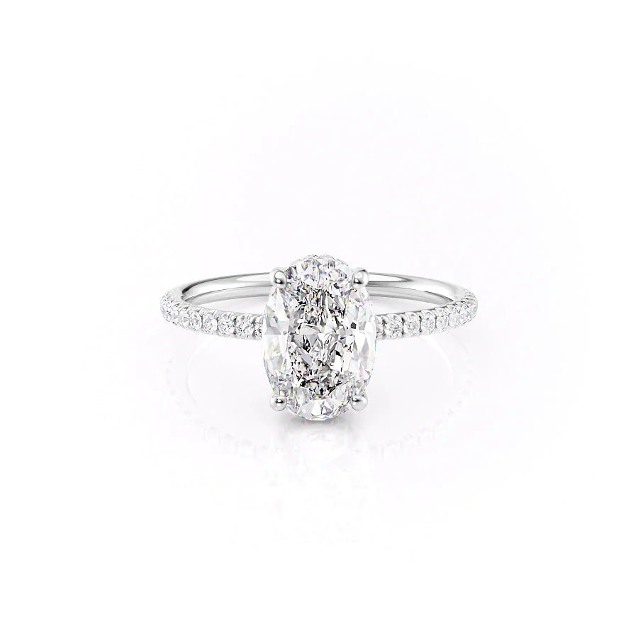 Profile view of oval cut hidden halo engagement ring band