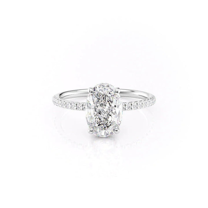 Profile view of oval cut hidden halo engagement ring band