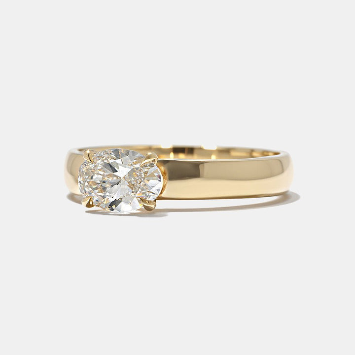 Oval cut engagement ring side view showing band detail
