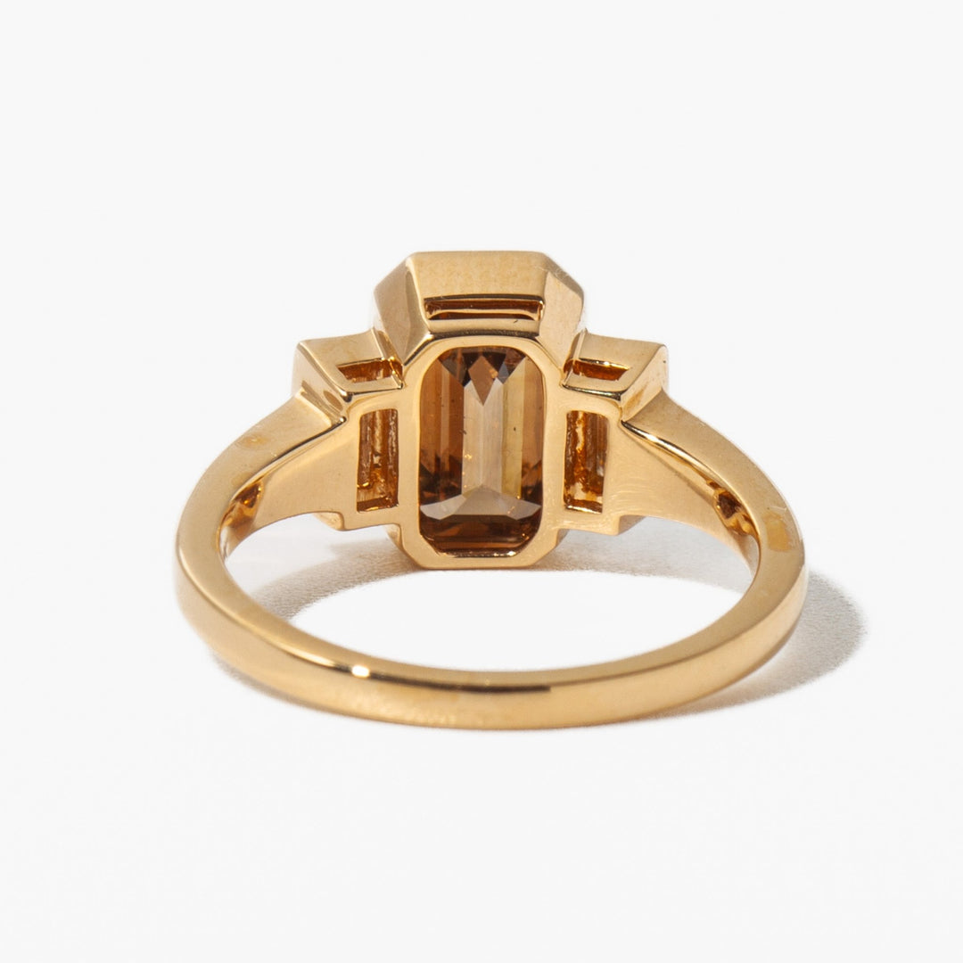 Emerald three stone lab grown diamond ring side profile in gold setting