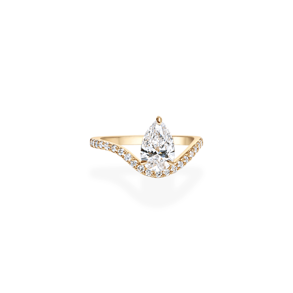 Pear cut engagement ring side view showing band detail