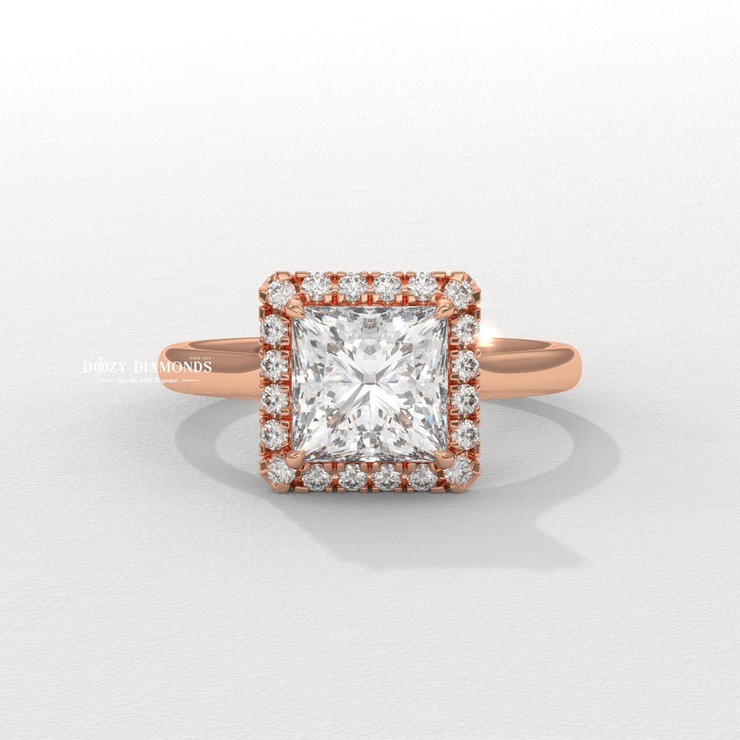 Princess solitaire engagement ring close-up showing high clarity diamond clarity