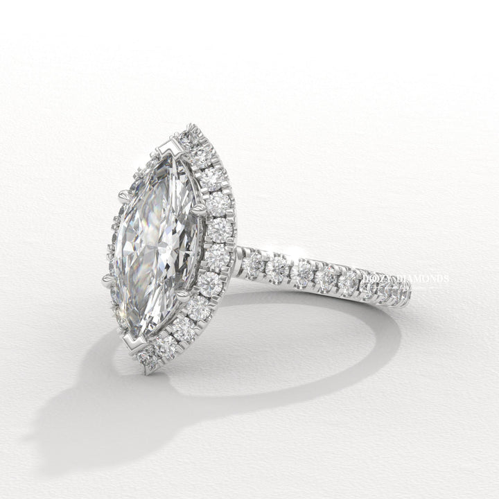 Macro shot of marquise cut diamond facets in solitaire ring setting