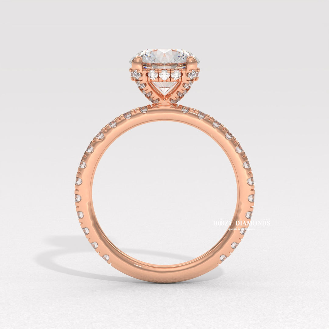 Round hidden halo engagement ring photographed in natural light