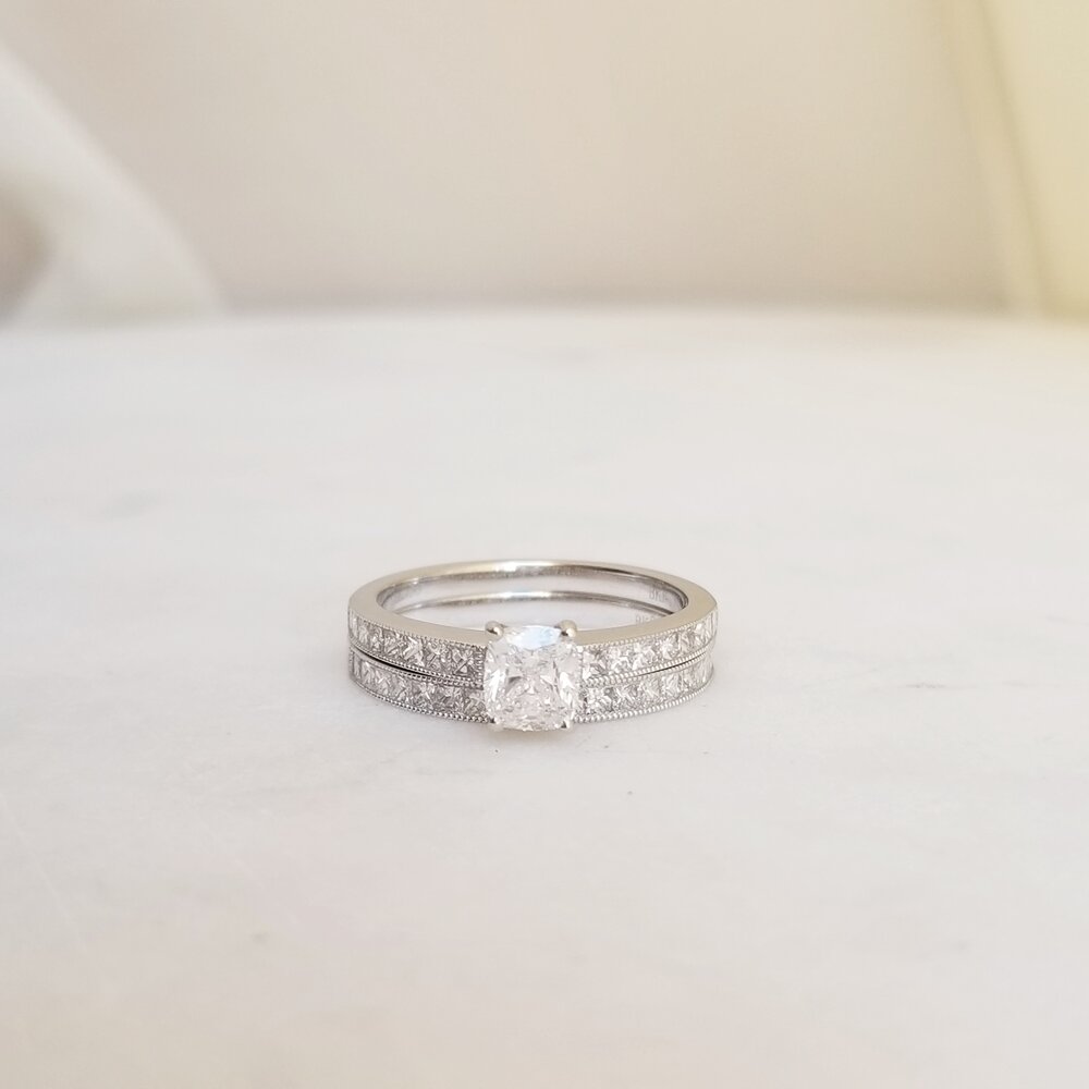 Cushion solitaire engagement ring offered in gold and platinum