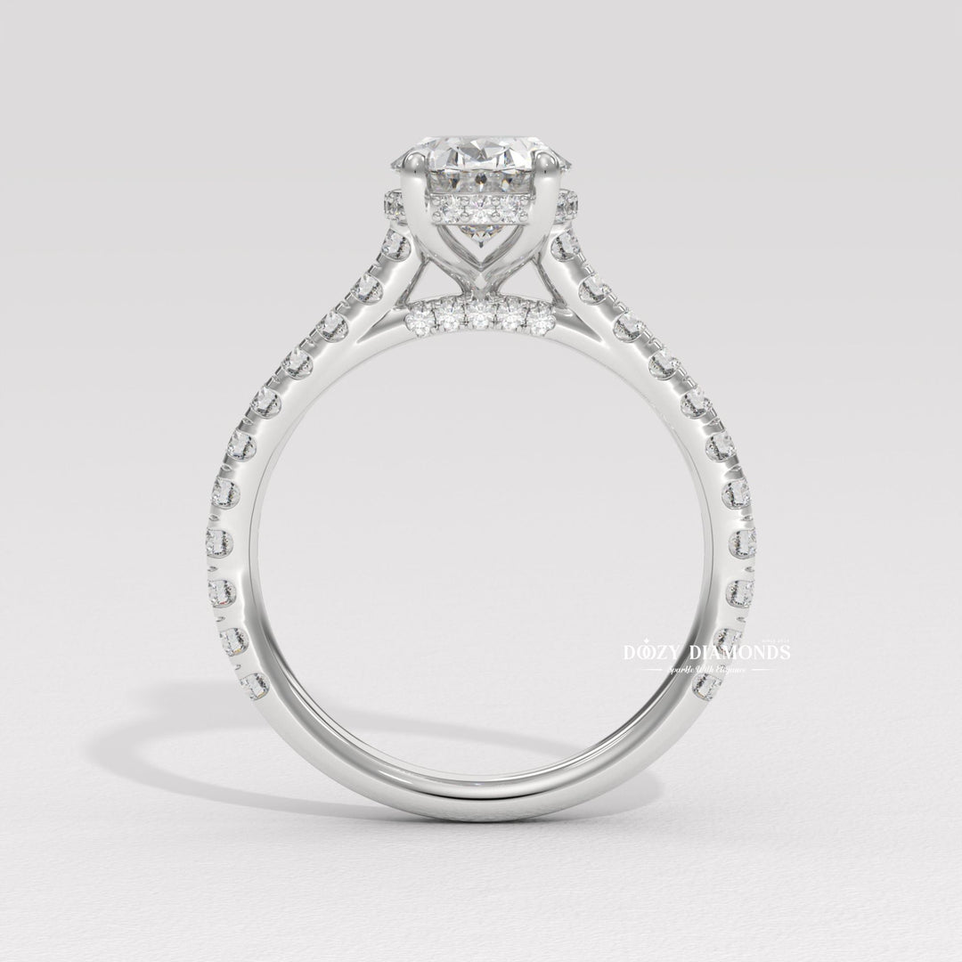 Oval halo lab grown diamond ring side profile in gold setting