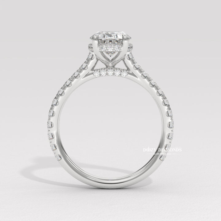 Oval halo lab grown diamond ring side profile in gold setting