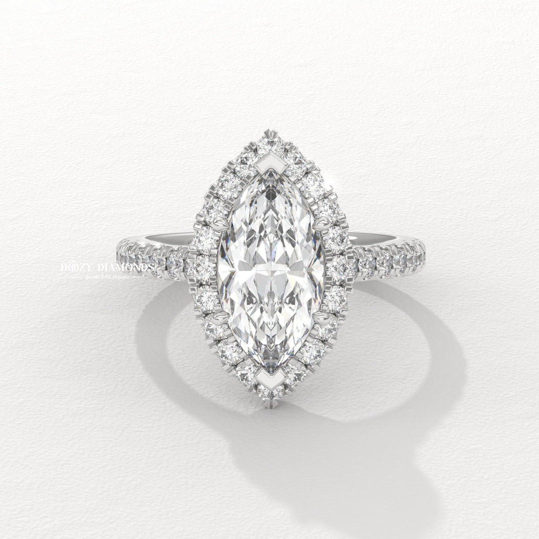 Marquise solitaire engagement ring close-up showing high clarity diamond clarity