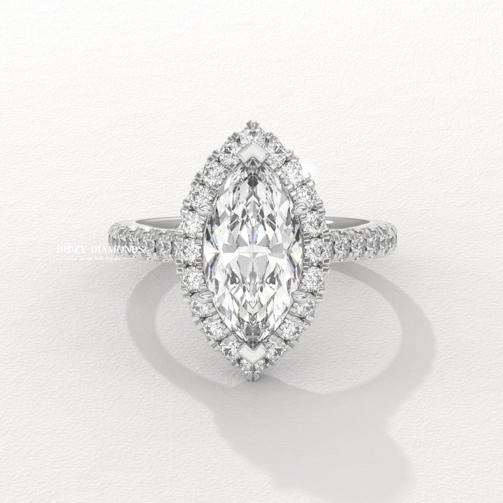 Marquise solitaire engagement ring close-up showing high clarity diamond clarity