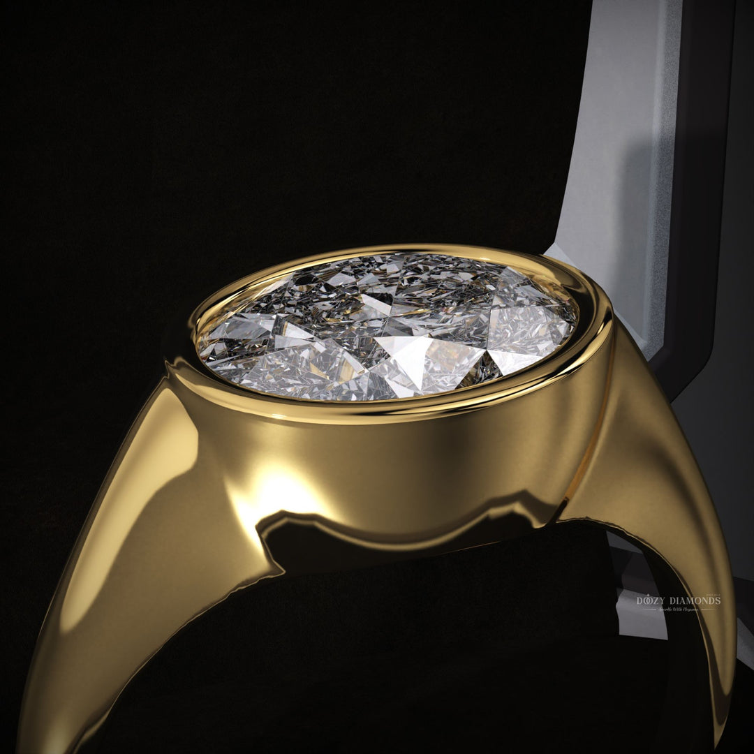Close-up of oval cut center diamond in east west engagement ring
