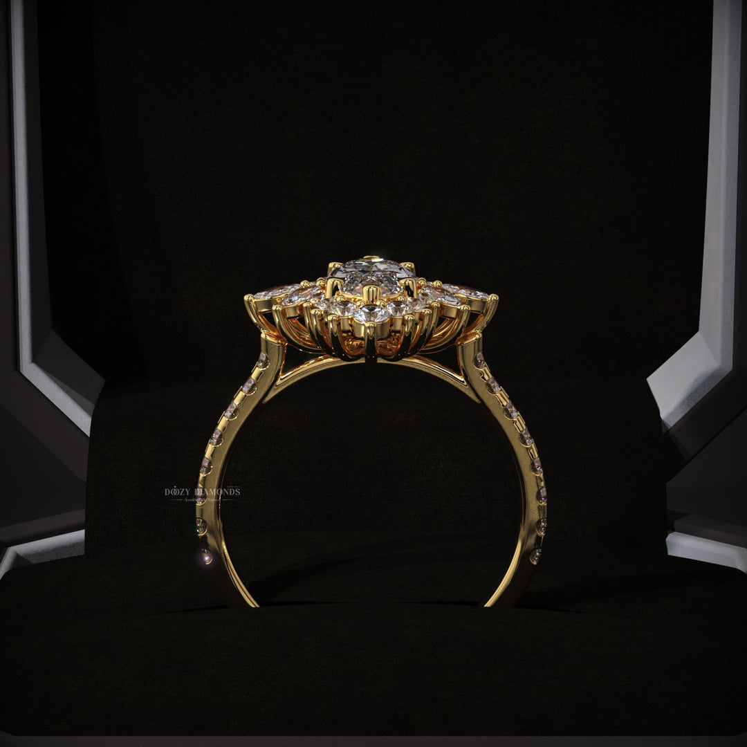 Macro shot of marquise cut diamond facets in cluster ring setting