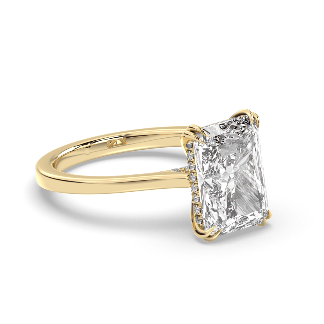 Lifestyle shot of radiant hidden halo diamond ring on hand