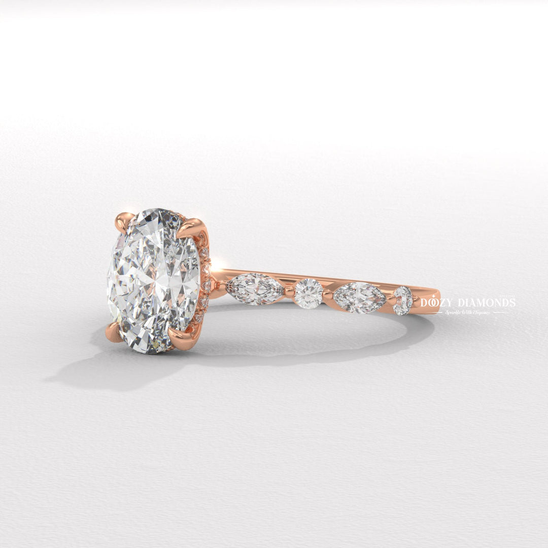 Round solitaire engagement ring photographed in natural light