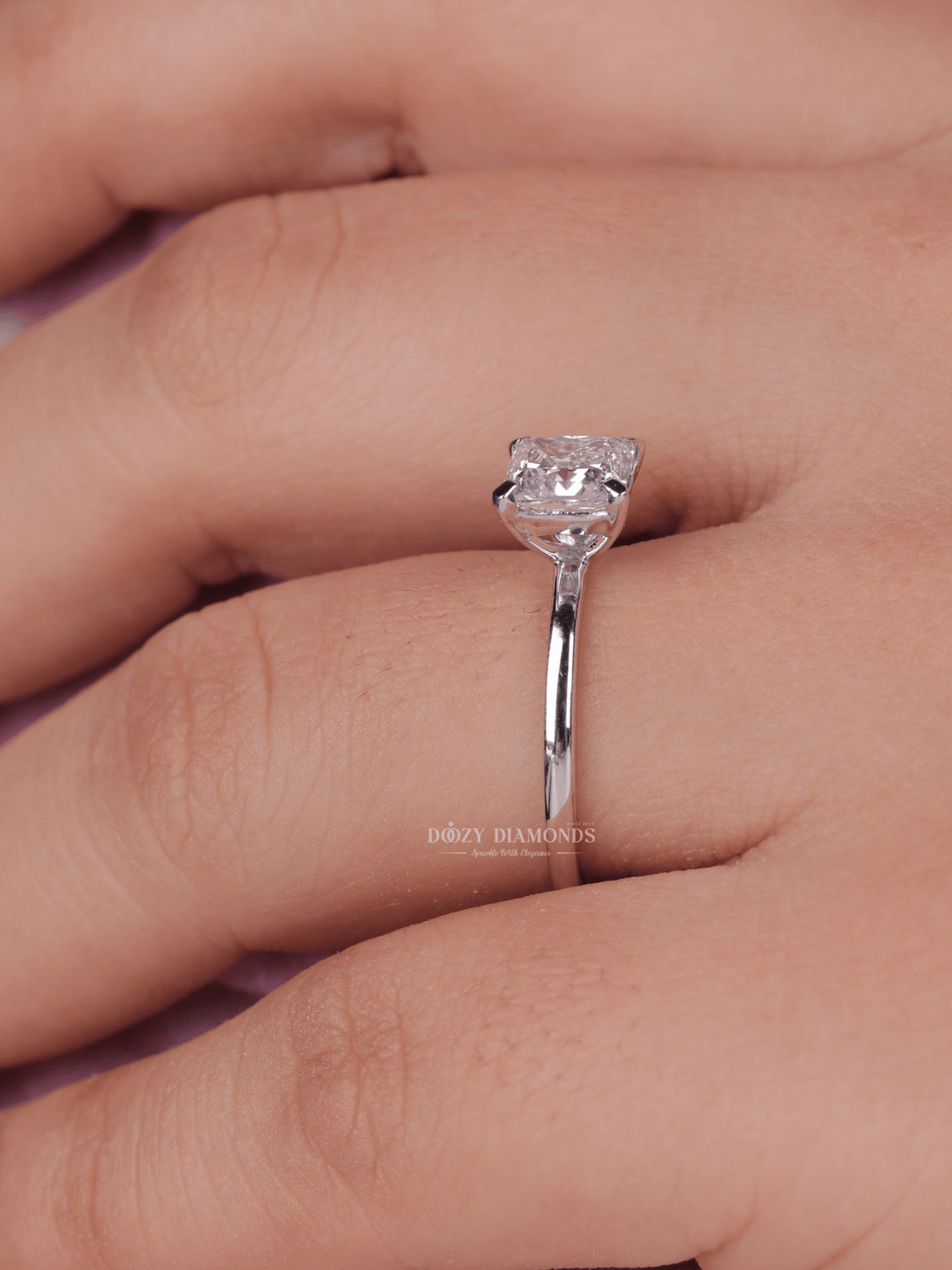Princess solitaire lab grown diamond ring side profile in gold setting