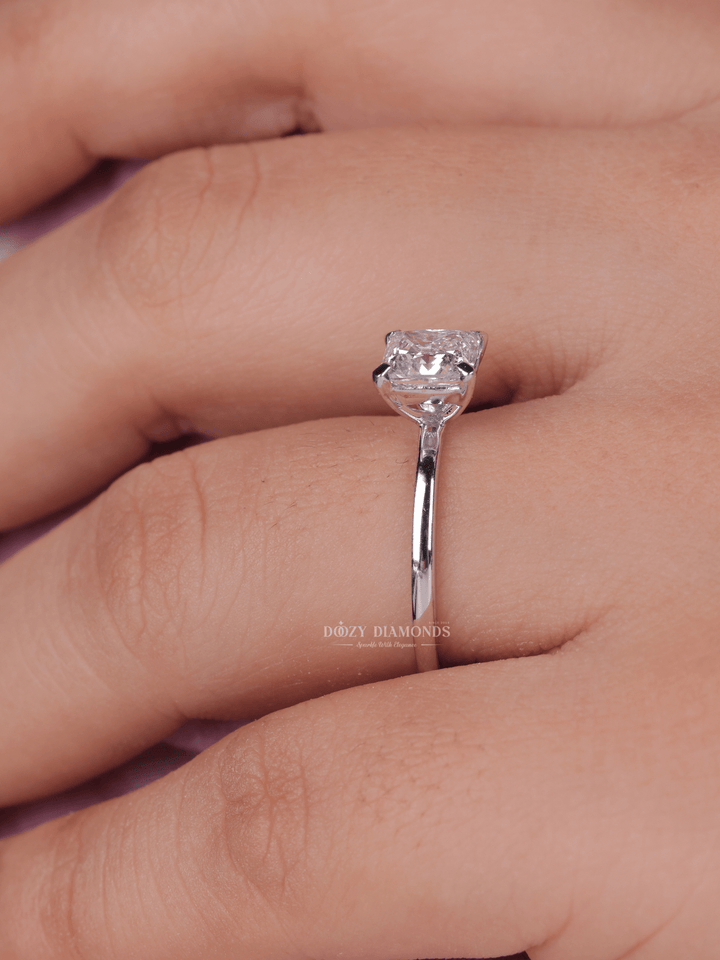Princess solitaire lab grown diamond ring side profile in gold setting