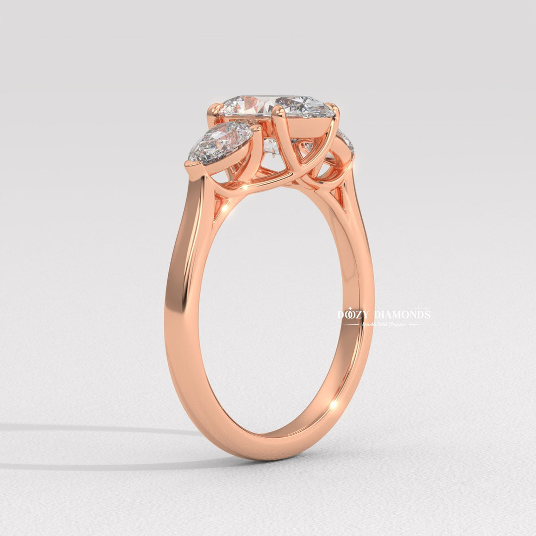 Oval three stone engagement ring shown on hand for true-to-life sizing
