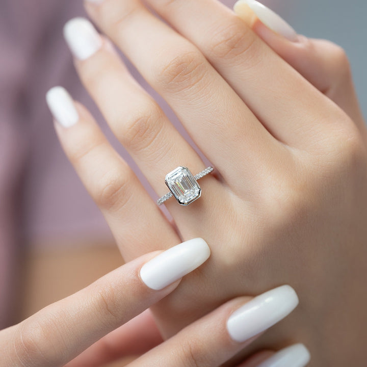 Shop emerald cut bezel lab grown diamond engagement ring online