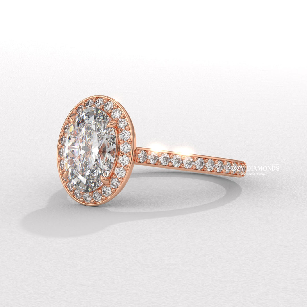 Certified oval cut diamond featured in halo engagement ring