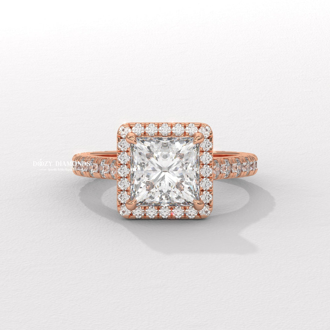 Princess cut pave engagement ring shown in real-life wear