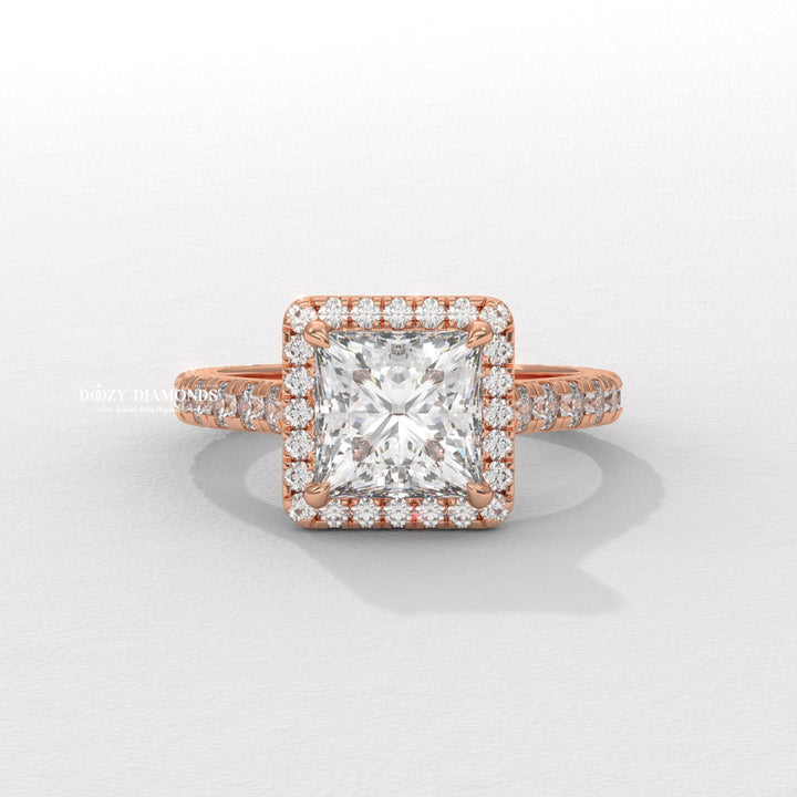 Princess cut pave engagement ring shown in real-life wear
