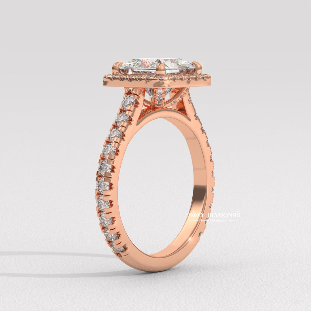 Lifestyle shot of princess pave diamond ring on hand