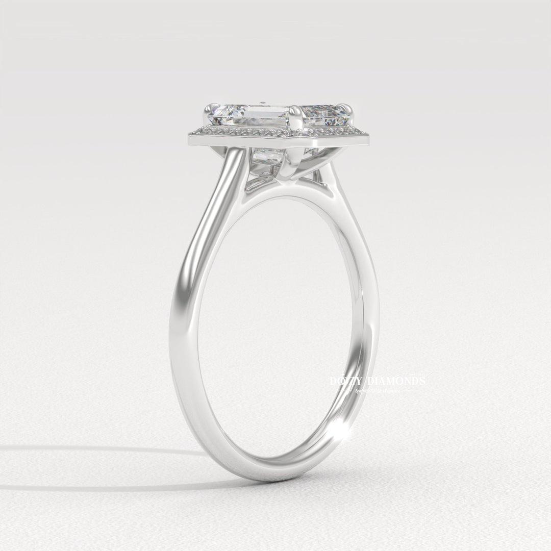 Premium emerald cut halo engagement ring crafted in solid gold