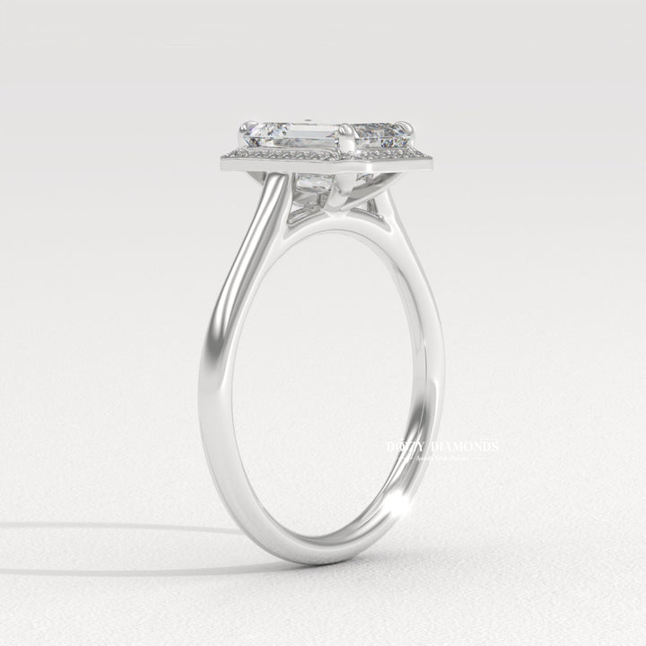 Premium emerald cut halo engagement ring crafted in solid gold