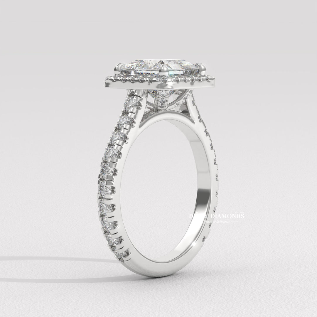 Princess pave engagement ring shown on hand for true-to-life sizing