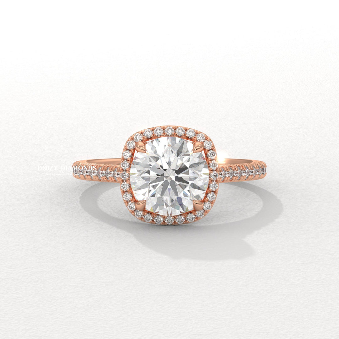 Round halo lab grown diamond ring side profile in gold setting