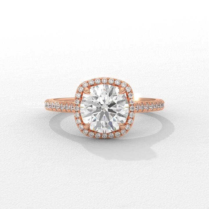 Round halo lab grown diamond ring side profile in gold setting