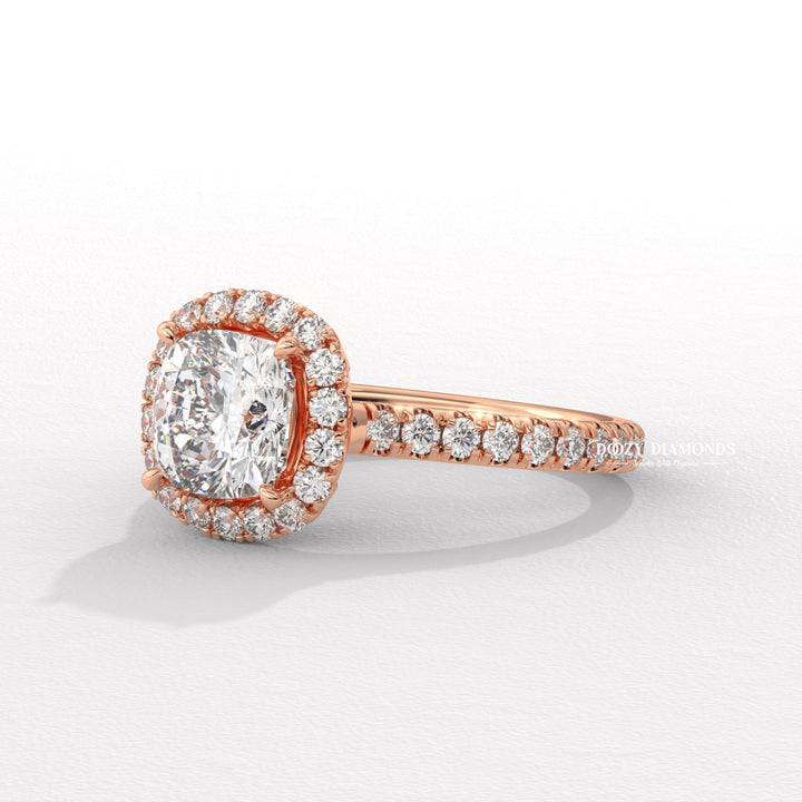 Cushion pave lab grown diamond ring side profile in gold setting