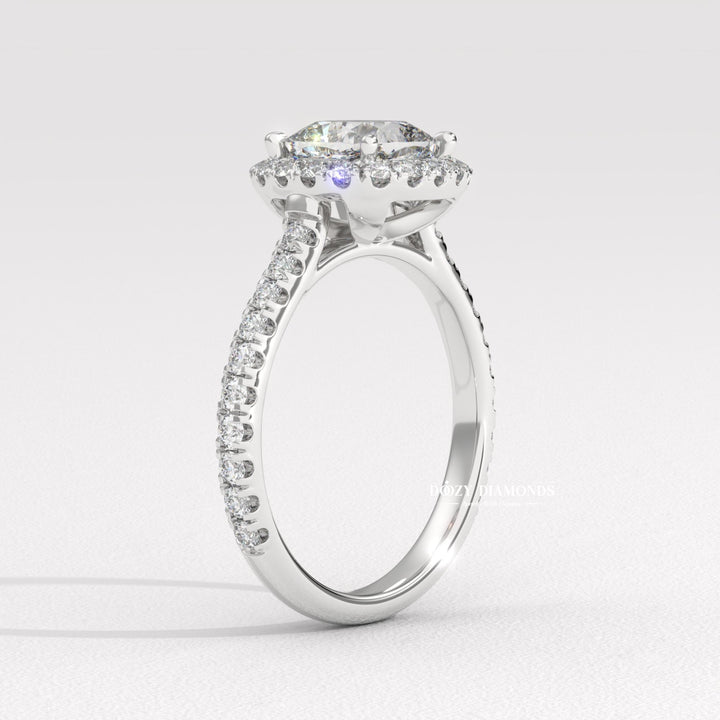 Side angle of cushion pave diamond engagement ring