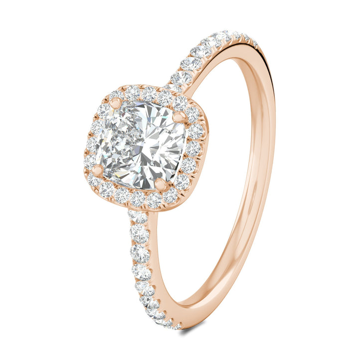 Detailed close-up of cushion pave diamond engagement ring