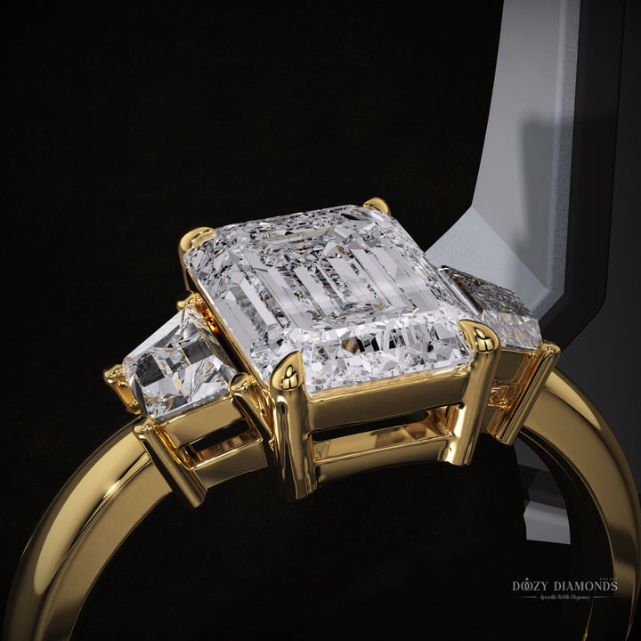 Lifestyle shot of emerald three stone diamond ring on hand