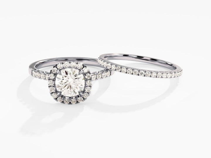 1.0CT Round Cut Cushion Shape Halo F - VS Lab Grown Diamond Engagement Ring Set - Doozy Diamonds