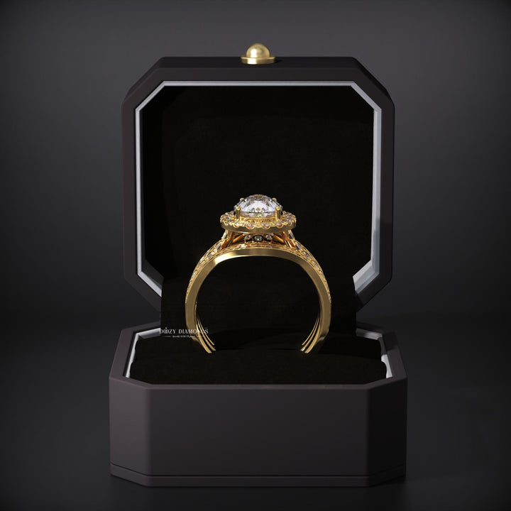 2.0CT Pear Lab Grown Halo Engagement Ring - Double Wedding Band