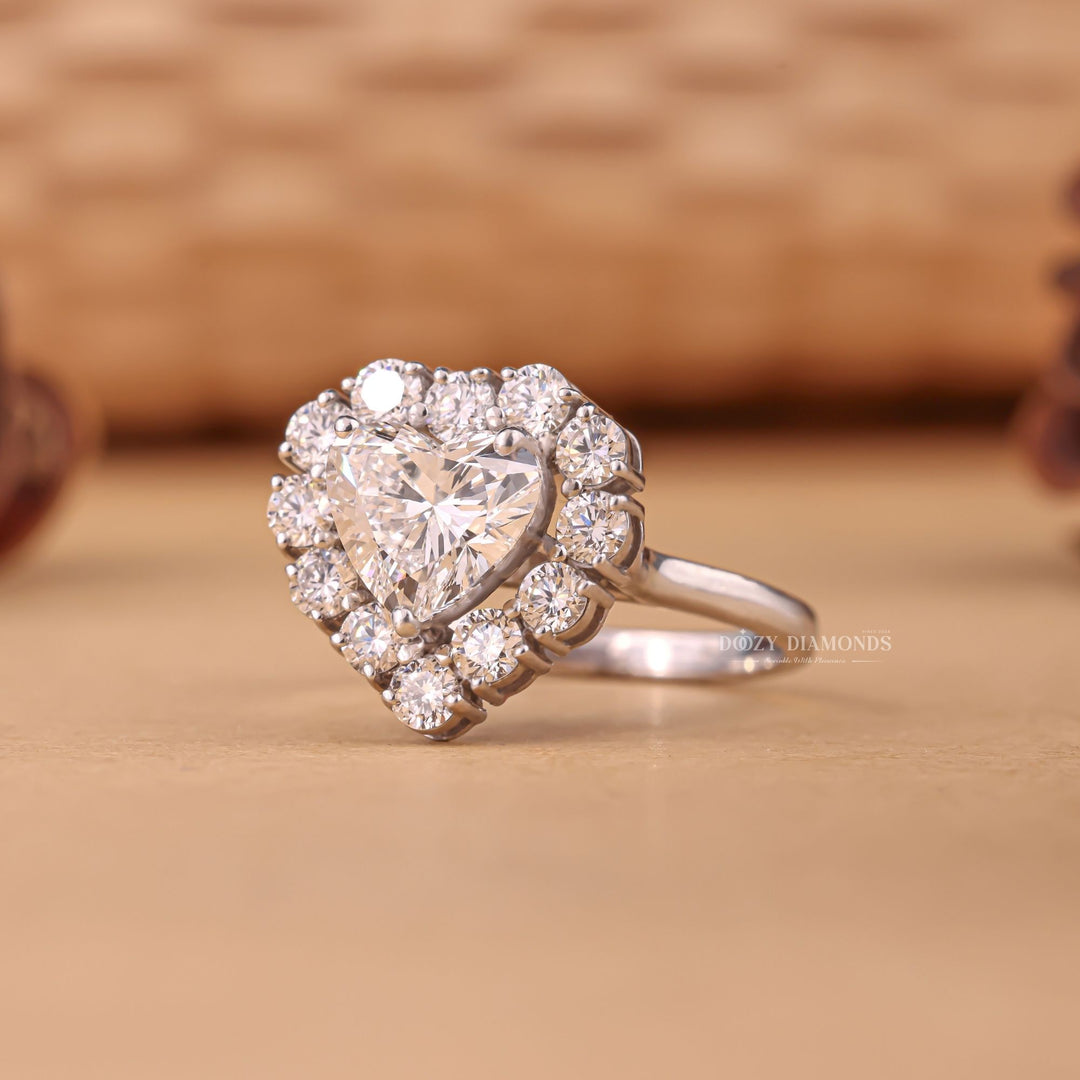 Heart halo lab grown diamond ring fitted on finger