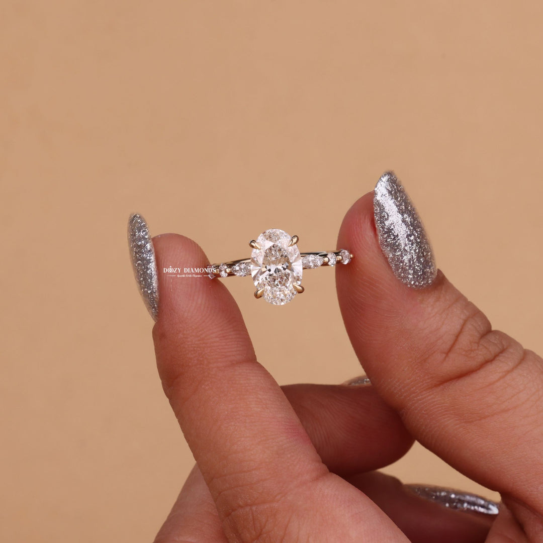 Side angle of oval hidden halo diamond engagement ring