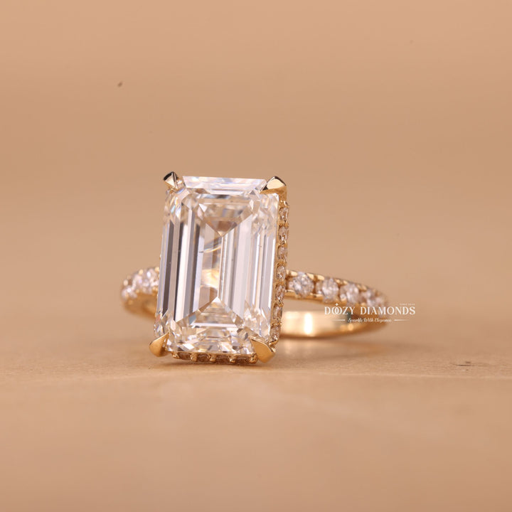Emerald hidden halo engagement ring with IGI certificate and packaging