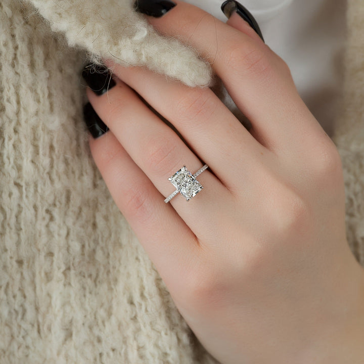Buy radiant cut hidden halo diamond engagement ring with free shipping