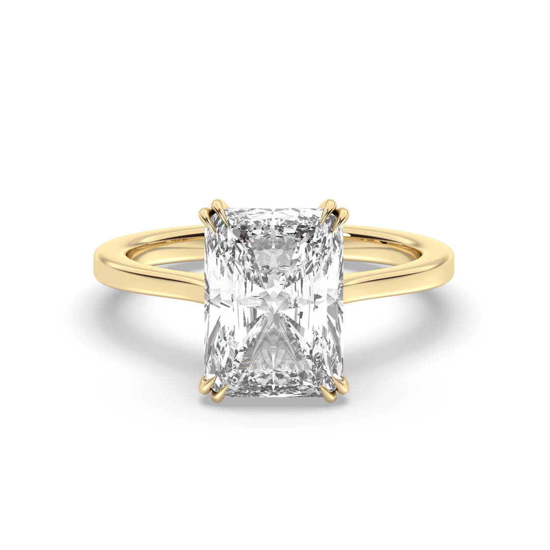 Radiant cut hidden halo engagement ring shown in real-life wear