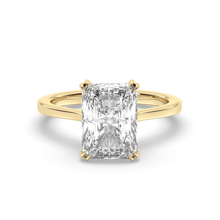 Radiant cut hidden halo engagement ring shown in real-life wear