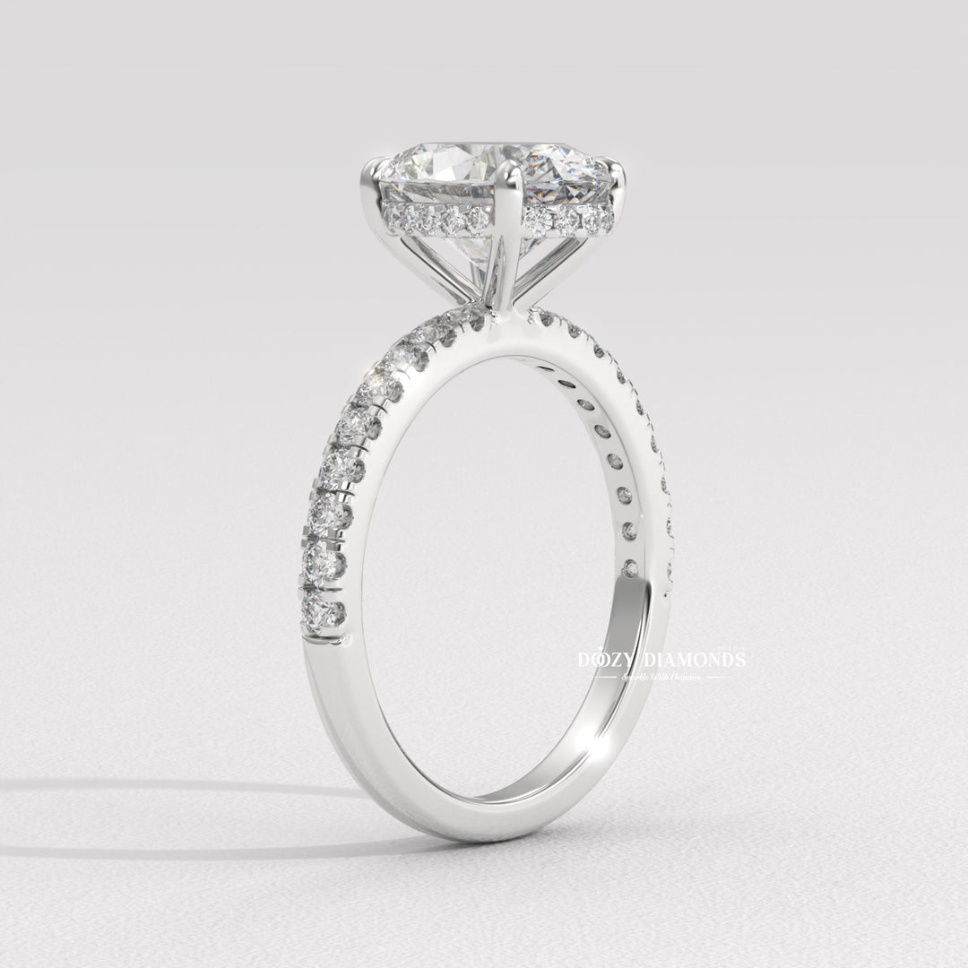 Oval cut engagement ring side view showing band detail