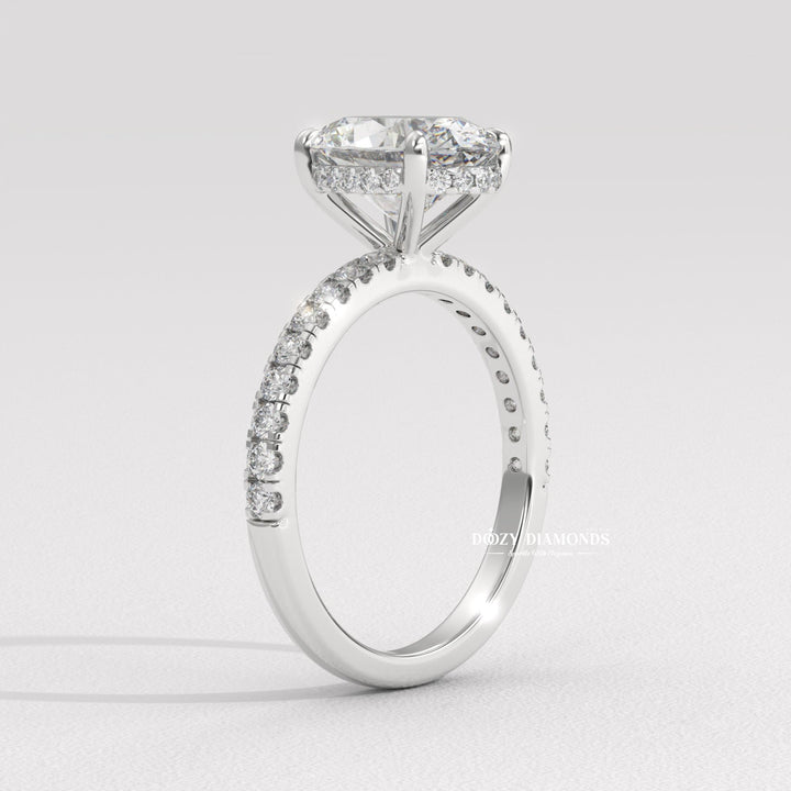Oval cut engagement ring side view showing band detail