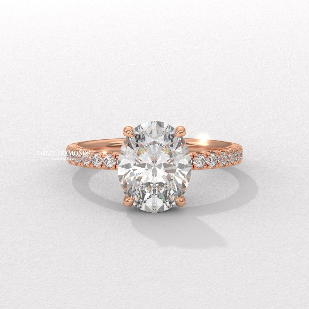 Oval hidden halo engagement ring with IGI certificate and packaging